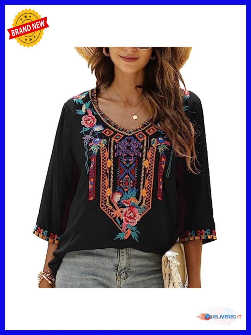 Boho Embroidered Peasant Tunic Top V Neck 3/4 Sleeve Loose Flowy Blouse